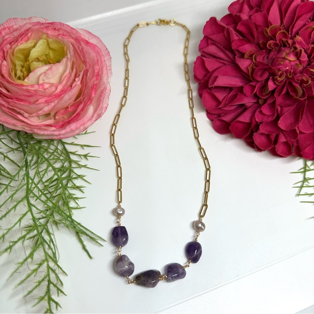 NEW⚜️Amethyst & Baroque Pearl Handmade Necklace - Picture 7 of 7